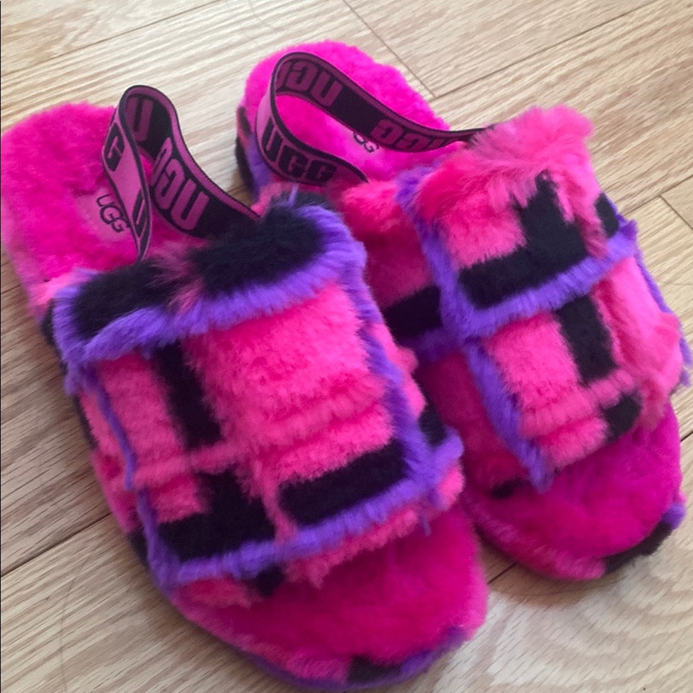 UGG Fuzzy Pink and Black Slippers